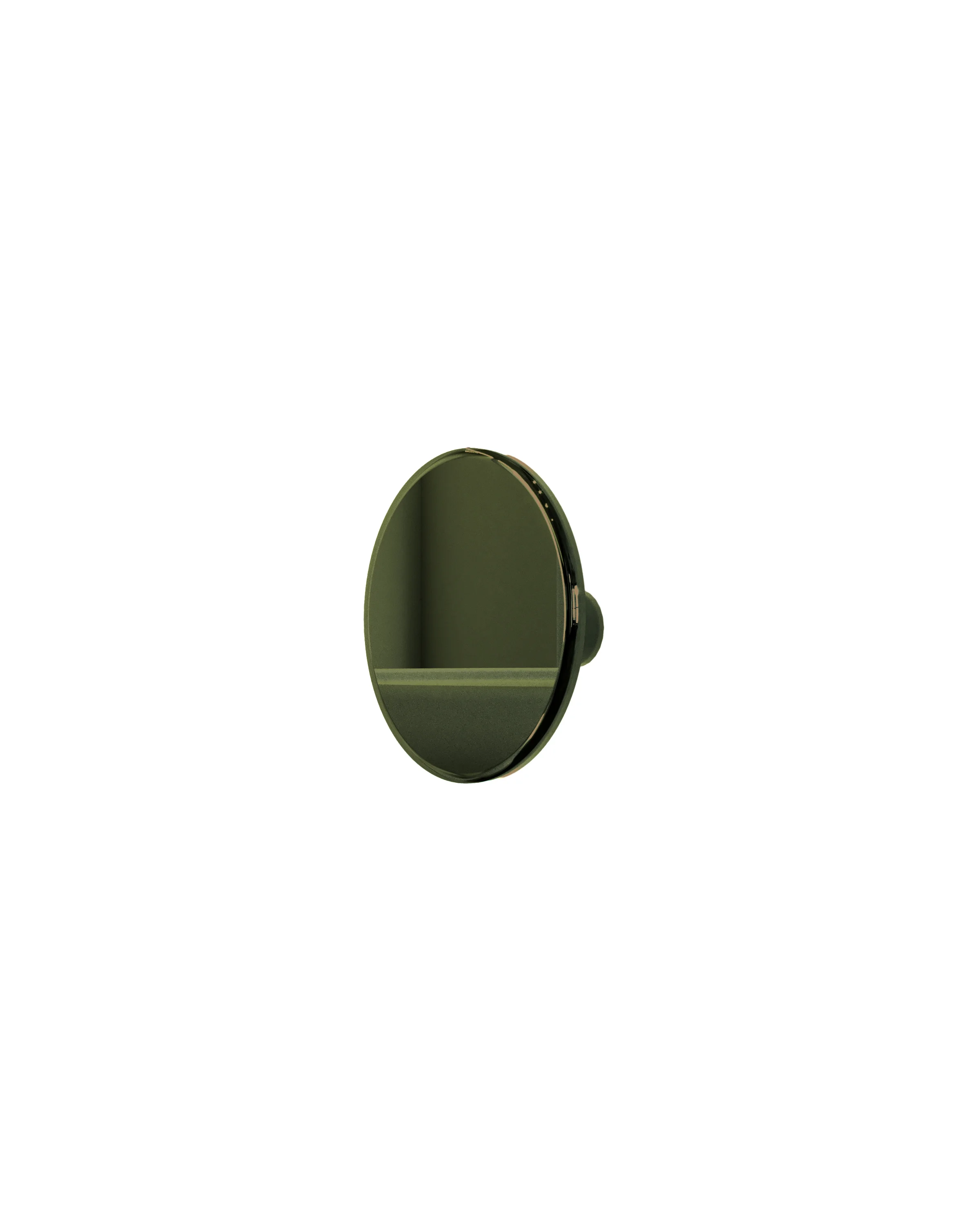 A green, round handle with a shiny surface, seen on the side, on a white background. 